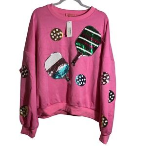 NWT Simply Southern Pink Pickleball‎ Sequin Crewneck Sweatshirt Size XXL